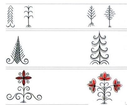 Декоративное изображение деревьев и цветов в традиционной мезенской росписи